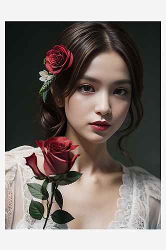 捧玫瑰花的美女写实摄影AI数字艺术