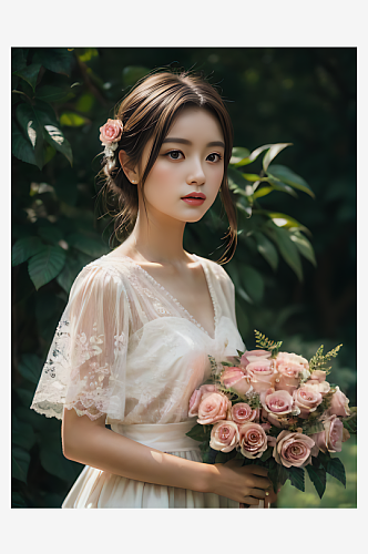 AI数字艺术捧玫瑰花的美女写实摄影