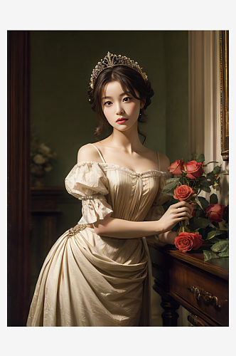 AI数字艺术捧玫瑰花的美女写实摄影