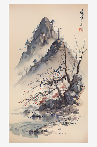 AI数字艺术古代建筑江山风景水墨画