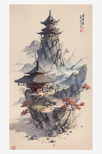 AI数字艺术古代建筑江山风景水墨画