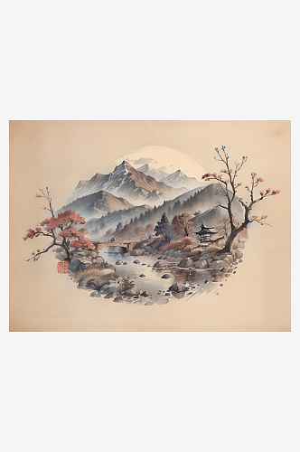 AI数字艺术古代建筑江山风景水墨画