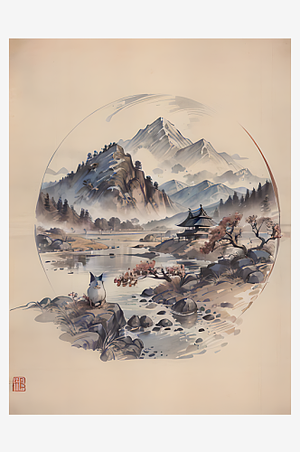 古代建筑江山风景水墨画AI数字艺术
