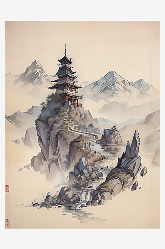 古代建筑江山风景水墨画AI数字艺术