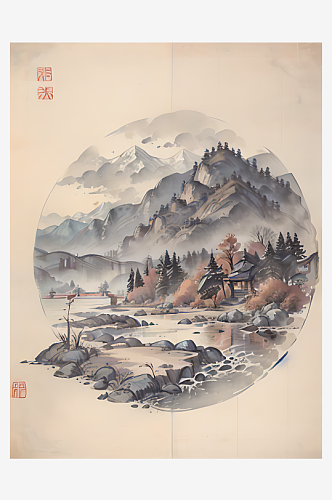 古代建筑江山风景水墨画AI数字艺术