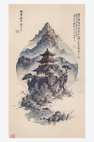 古代建筑江山风景水墨画AI数字艺术