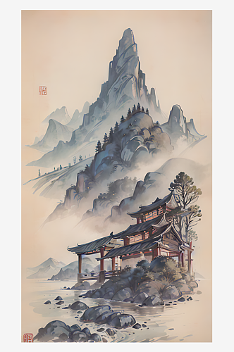 古代建筑江山风景水墨画AI数字艺术