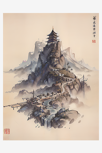 AI数字艺术古代建筑江山风景水墨画