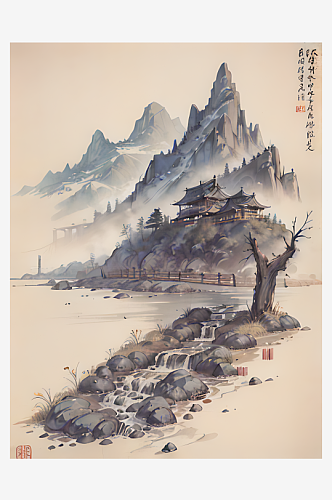 AI数字艺术古代建筑江山风景水墨画