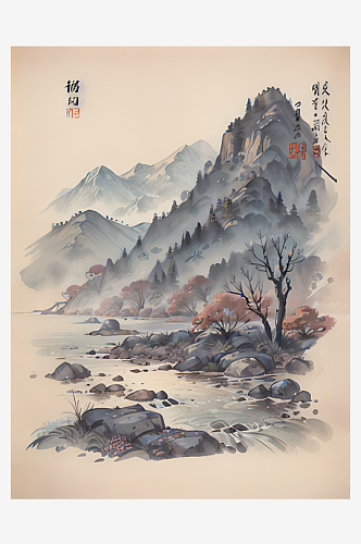 AI数字艺术古代建筑江山风景水墨画