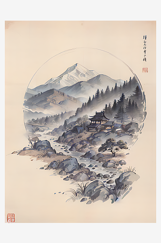 AI数字艺术古代建筑江山风景水墨画