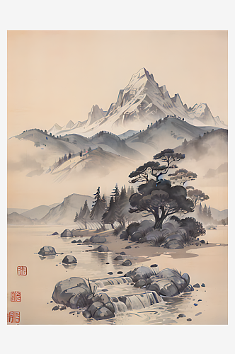 AI数字艺术古代建筑江山风景水墨画