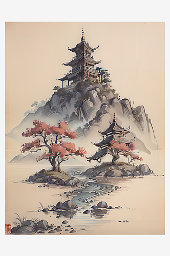 AI数字艺术古代建筑江山风景水墨画
