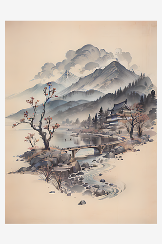 AI数字艺术古代建筑江山风景水墨画