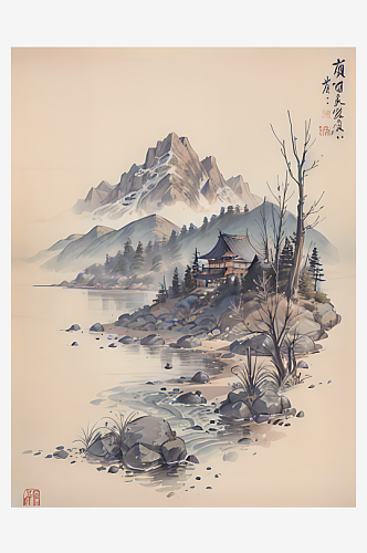 AI数字艺术古代建筑江山风景水墨画