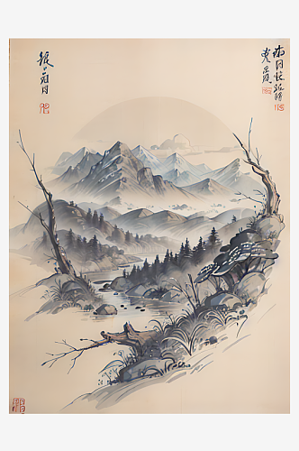 AI数字艺术古代建筑江山风景水墨画