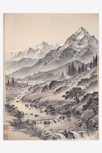 AI数字艺术古代建筑江山风景水墨画