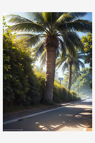 二次元公路椰子树风景AI数字艺术