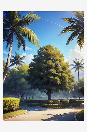 二次元公路椰子树风景AI数字艺术