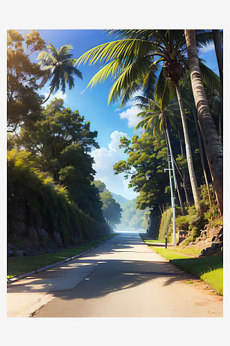 AI数字艺术二次元公路椰子树风景