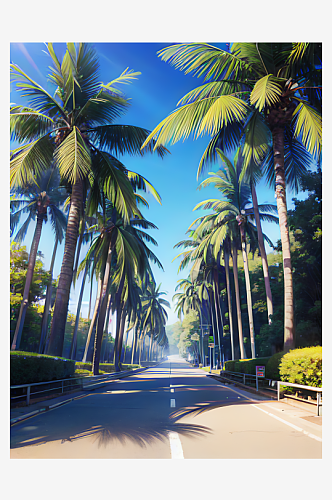 AI数字艺术二次元公路椰子树风景
