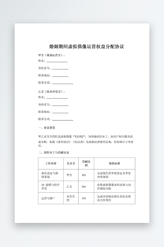 婚姻期间虚拟偶像运营权益分配协议-众图网