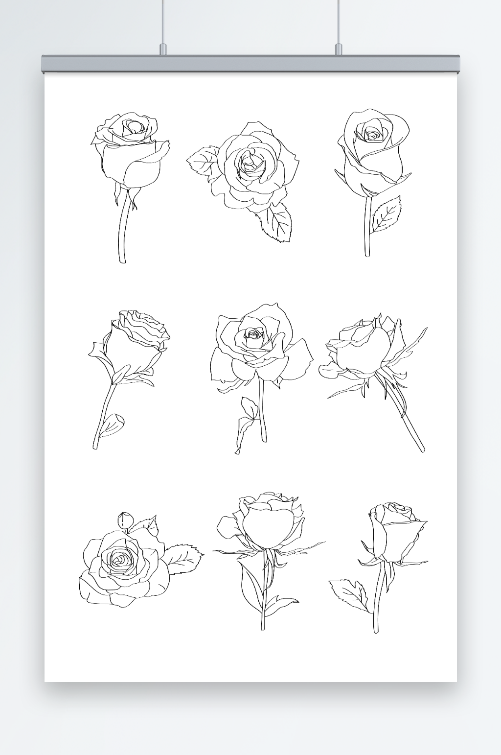 黑白线性矢量AI玫瑰花卉插画元素素材