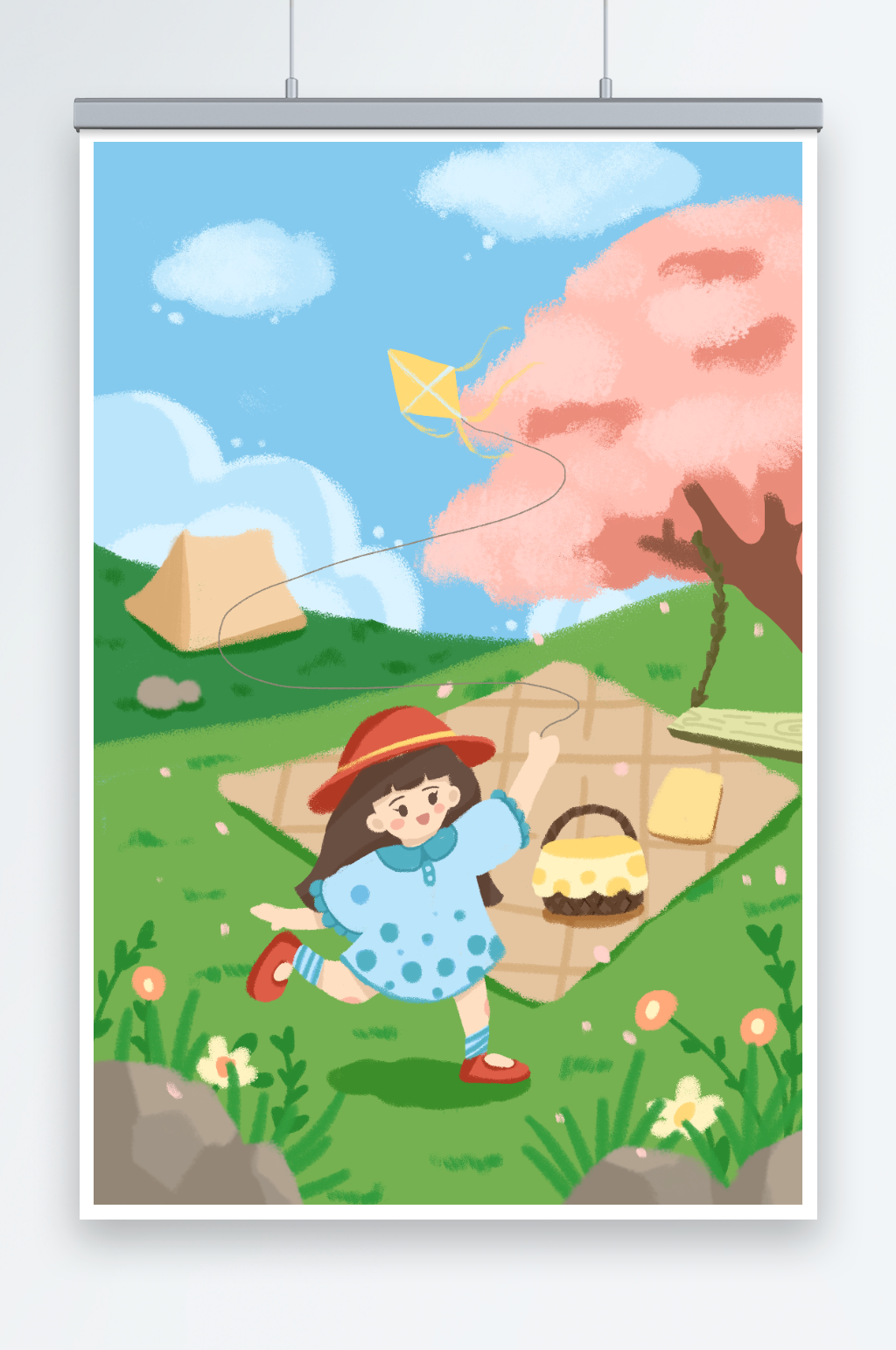 手绘女孩治愈温暖春游踏青人物插画素材