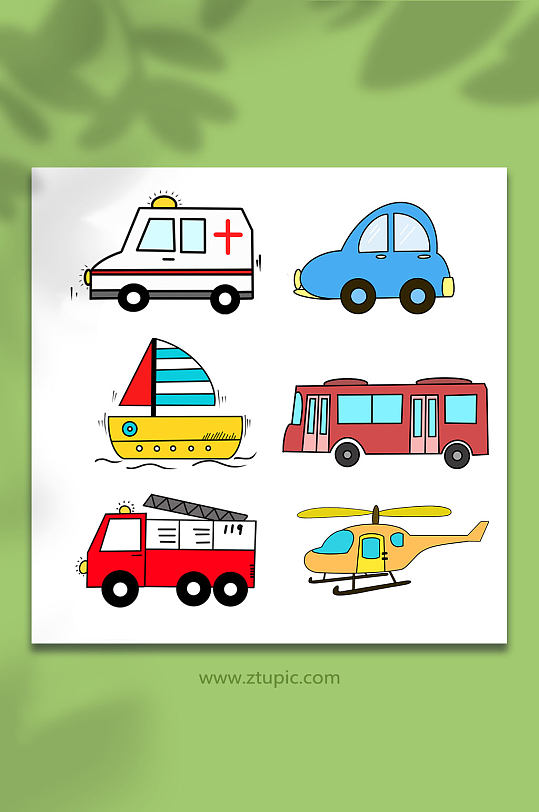 手绘卡通海陆空交通工具元素插画