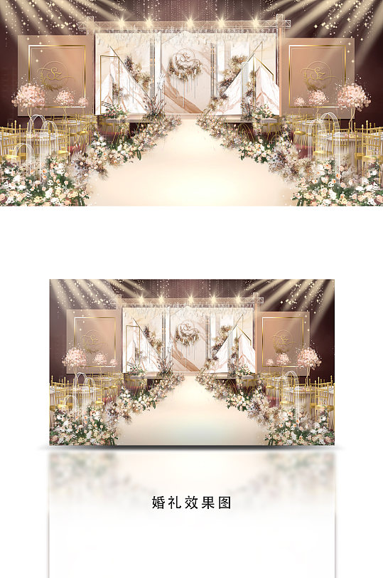 香槟粉色婚礼婚宴厅舞台效果图-众图网