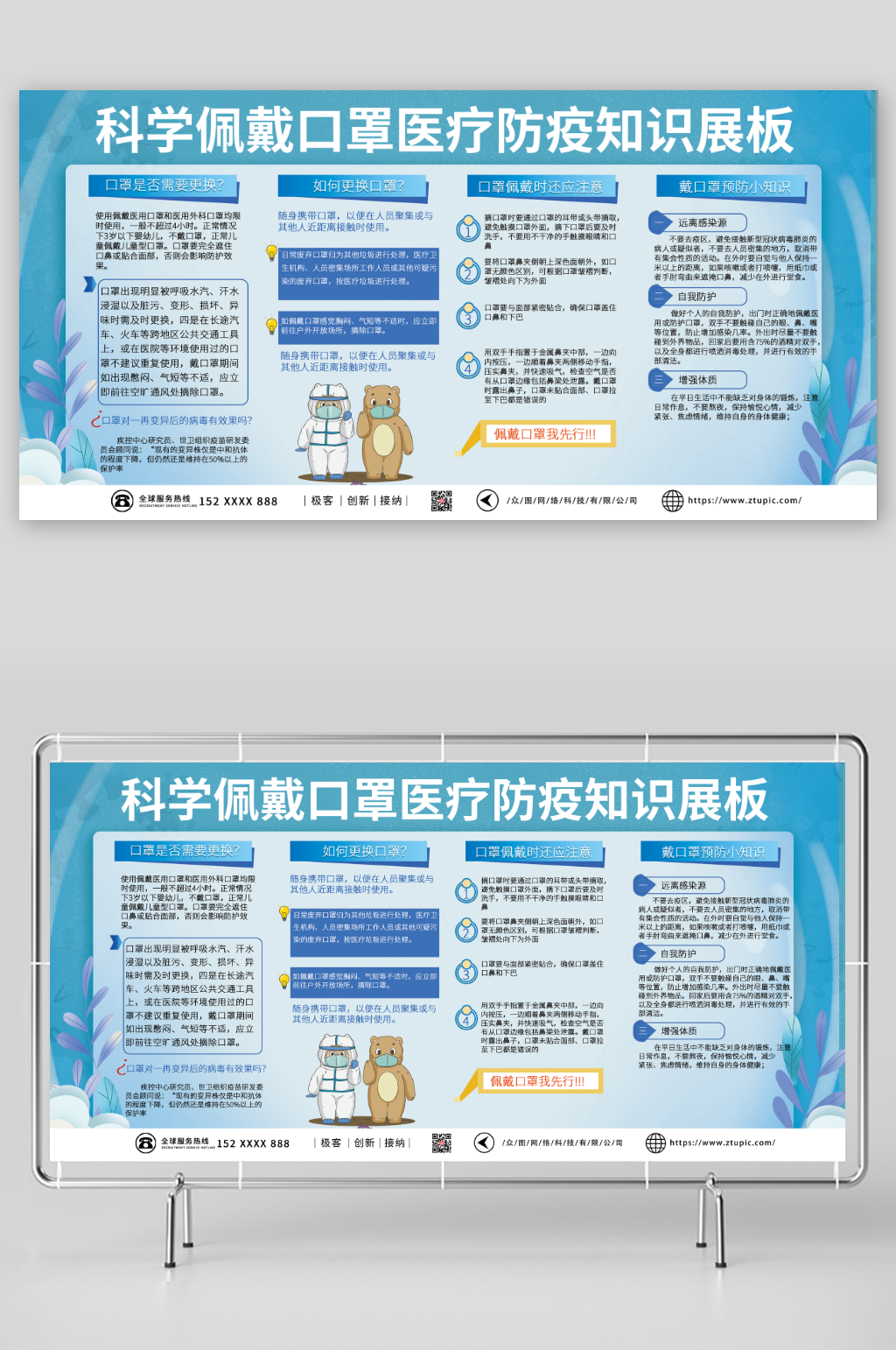 蓝色科学佩戴口罩医疗防疫知识展板素材
