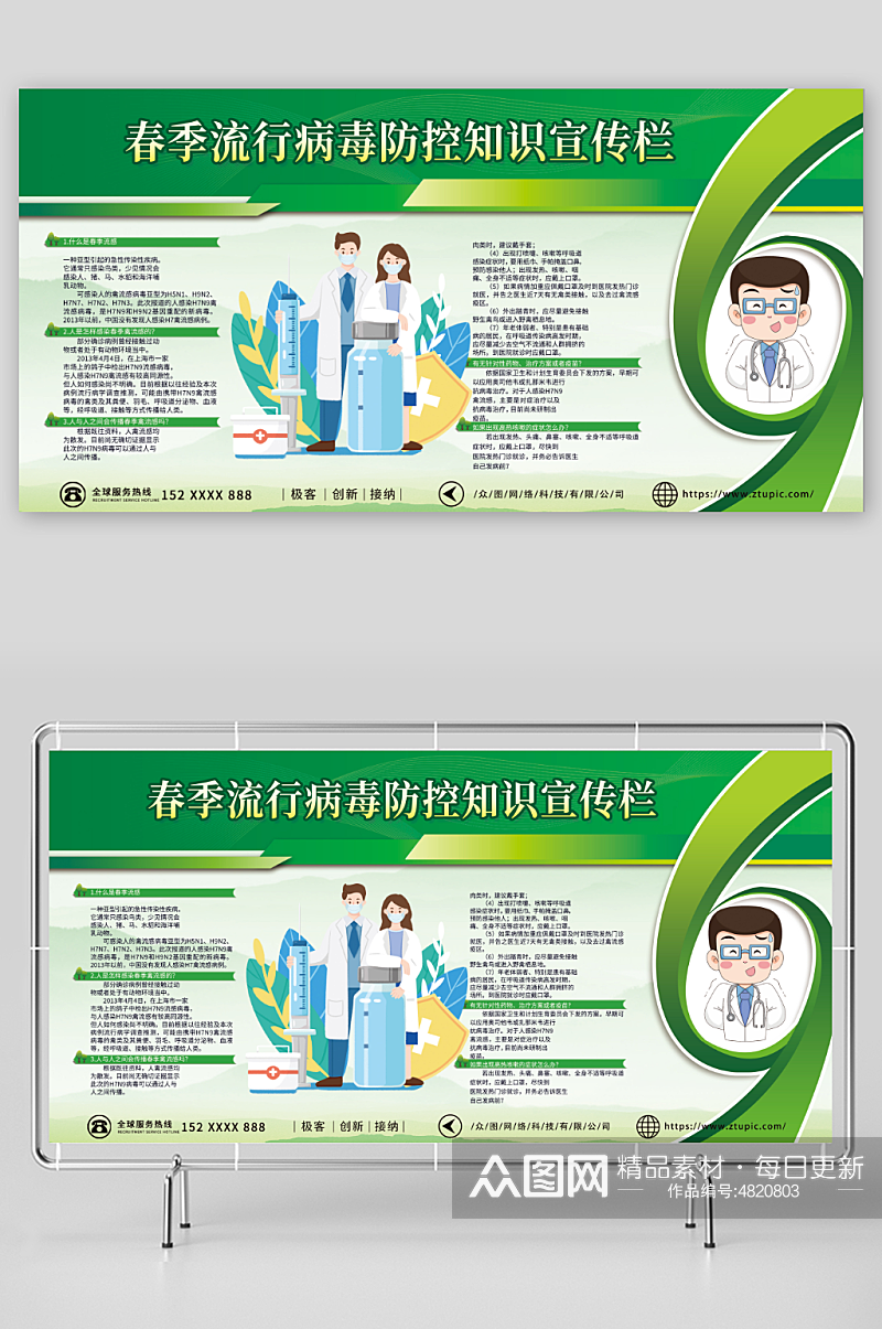 绿色春季预防流感医疗知识宣传展板素材