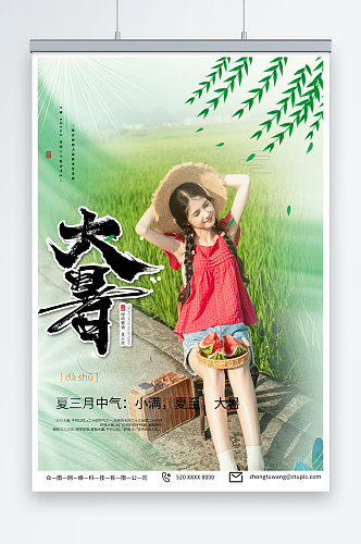 墨绿色大暑二十四节气夏季稻田人物海报