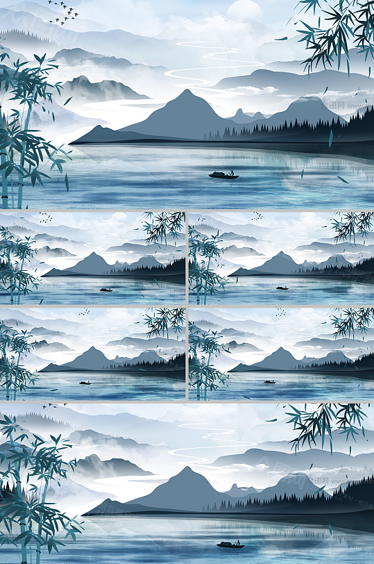 水墨雅蓝古风大江山川背景视频-众图网