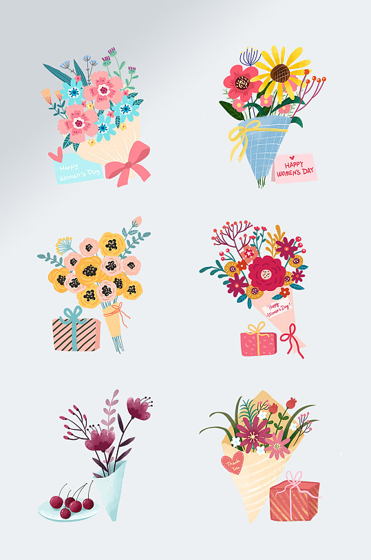 手绘水彩植物鲜花花束素材