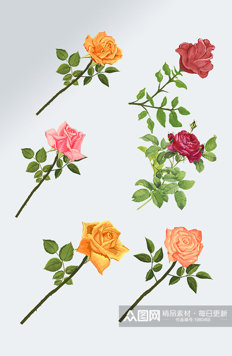七夕手绘一枝玫瑰花元素素材