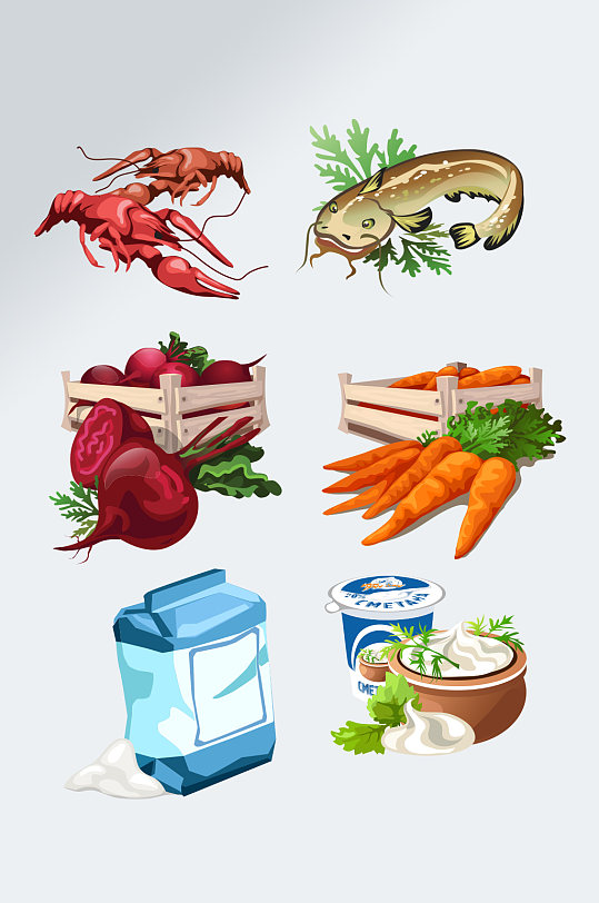 龙虾蔬菜美食插画素材