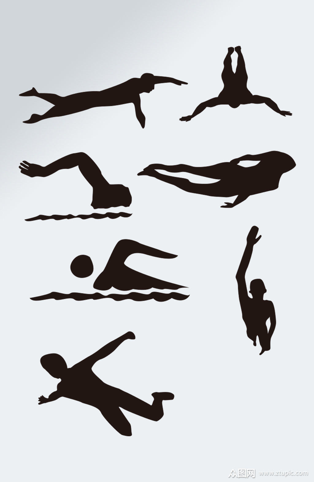 卡通手绘黑色游泳人物剪影素材模板下载-编号2076616-众图网