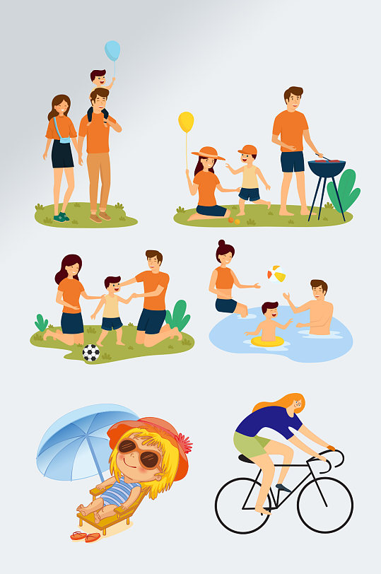 手绘全家人亲子运动素材