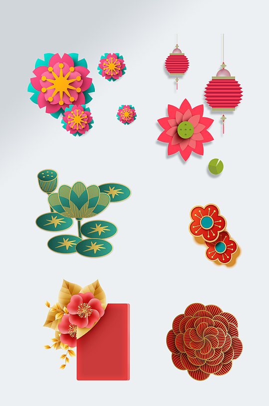 喜庆手绘花朵新年元素