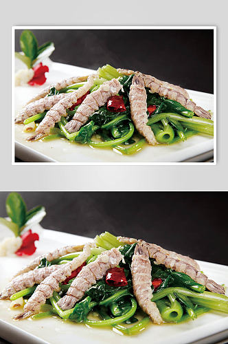 菠菜炒虾爬肉美食摄影图片