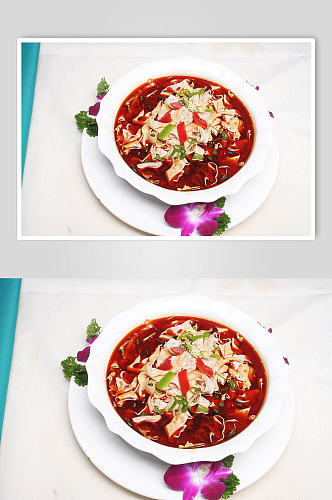 红汤鲜鸭肠美食摄影图片