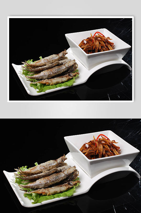 椒盐多春鱼VS美极丁香鱼美食摄影图片