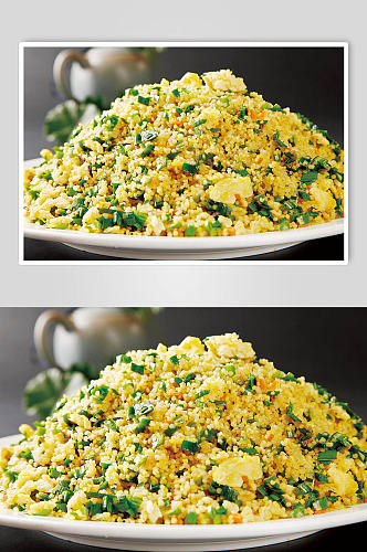 韭菜鸡蛋炒小米美食摄影图片