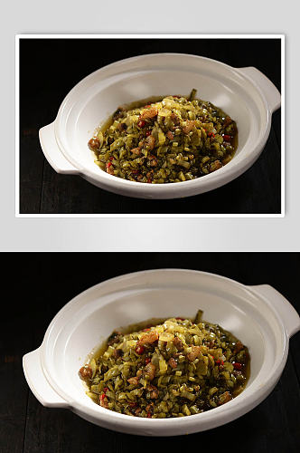 酸饥菜焖油渣美食摄影图片
