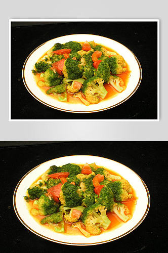西红柿蛋炒花菜美食摄影图片