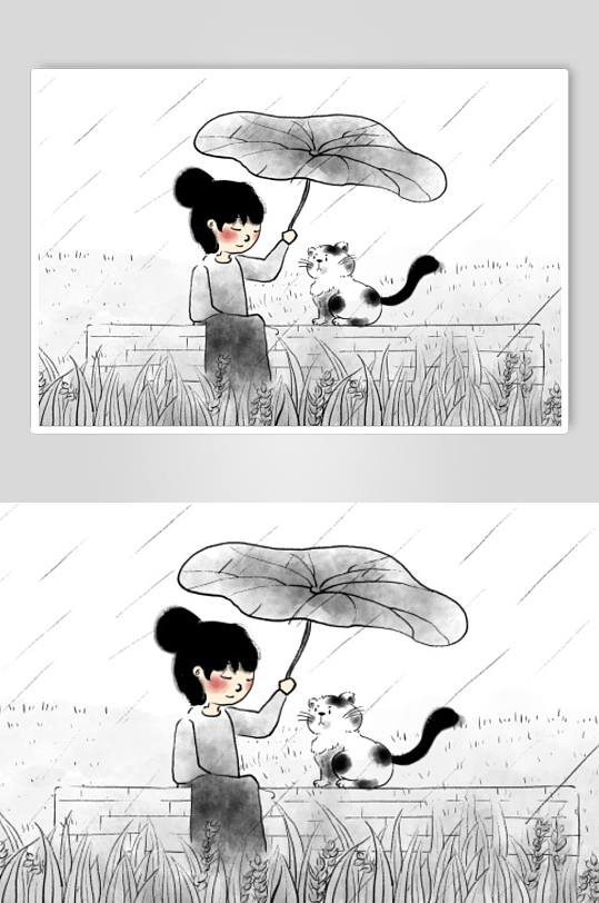 女孩和猫手绘卡通扁平插画