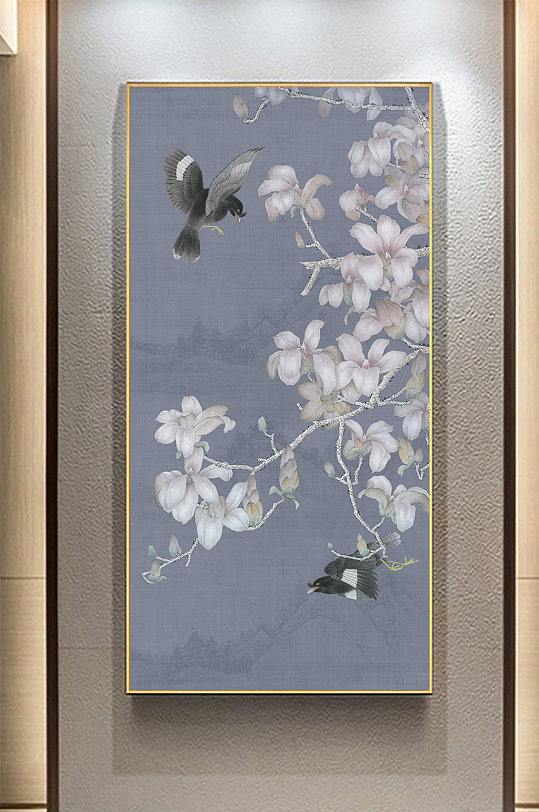 中式裝飾畫工筆玉蘭花玄關(guān)小鳥元素
