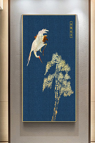 中式玄关装饰画小鸟树枝背景蓝色小鸟元素