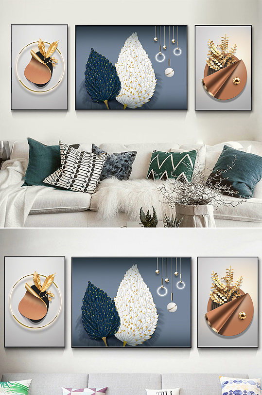 客厅三联轻奢装饰画-众图网